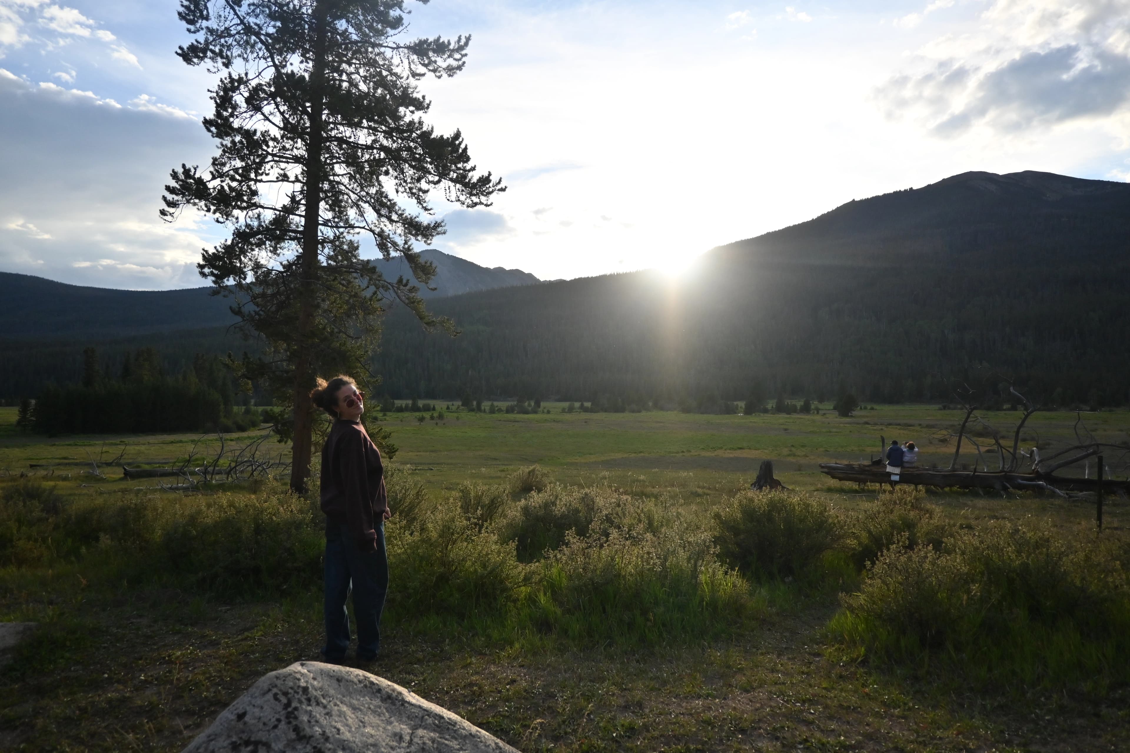 Dóra standing in a sunlit meadow with mountains behind her